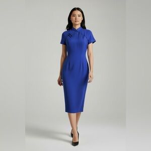 Vintage SHOMI Silk Cheongsam Dress Size 6 Blue Asian Style Mandarin Collar